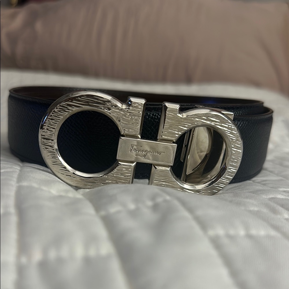 Salvatore Ferragamo blue/brown eather Belt with Silver Buckle